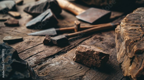 Close-up of ancient stone tools, sharp flint knives, and polished axes on a weathered wooden surface, symbolizing prehistoric craftsmanship and the dawn of human ingenuity photo