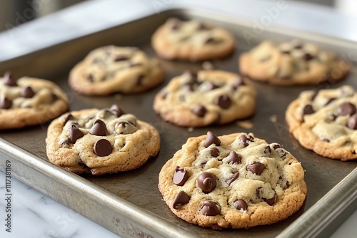 Warm, golden brown chocolate chip cookies rest on a baking sheet, tempting with their melted chocolate and inviting aroma