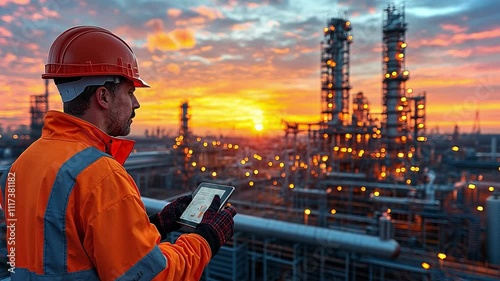 Worker using tablet in industrial area during sunset with vibrant sky and refinery background