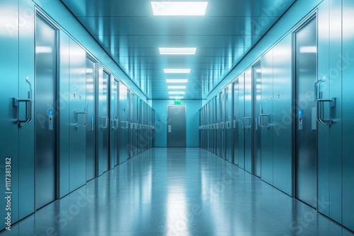 Hyper-realistic high-security room with blue doors and bright white lighting