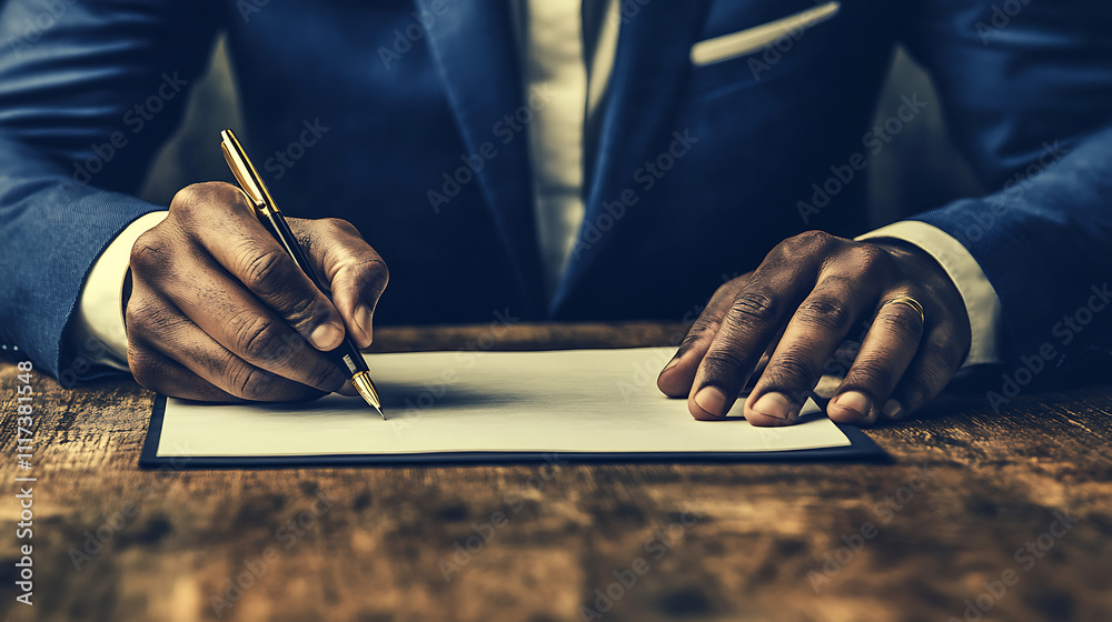 Obraz premium A close-up of a Black businessman in a blue suit writing on a blank sheet of paper, showcasing intent and focus amidst a rustic wooden table environment.