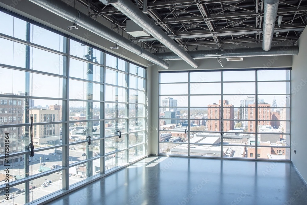 Modern open-concept office space glass wall metal beams cityscape Modern open-concept office space glass wall metal beams cityscape
