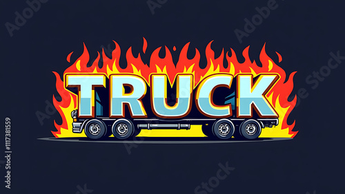 Bold cartoon style text TRUCK, graphic design dark background