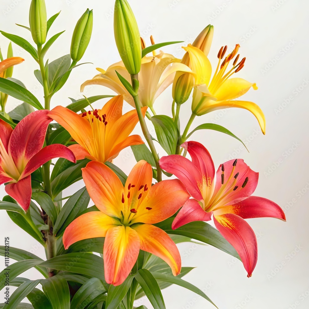 Obraz premium Bright and vibrant pink lilies flowers surrounded by lush green leaves create a stunning floral arrangement in a cheerful setting isolated white background