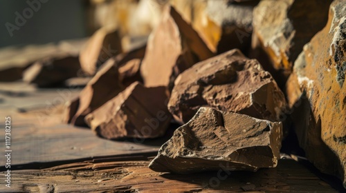 Close-up of ancient stone tools, sharp flint knives, and polished axes on a weathered wooden surface, symbolizing prehistoric craftsmanship and the dawn of human ingenuity photo