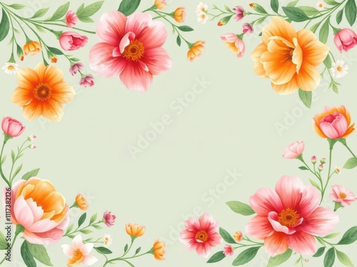 Delicate seamless floral border with vibrant blooms and greenery, spring, texture