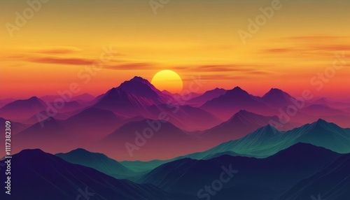 A serene sunset over layered mountains, showcasing vibrant colors.