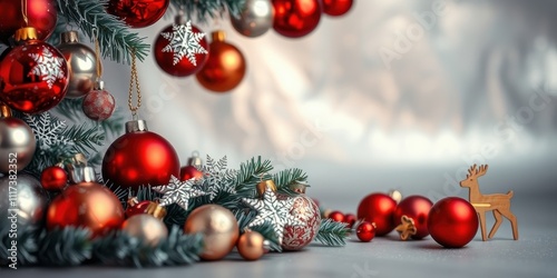 A Festive Christmas Tree Adorned with Red and Gold Ornaments, Snowflake Baubles, and a Wooden Reindeer Figurine