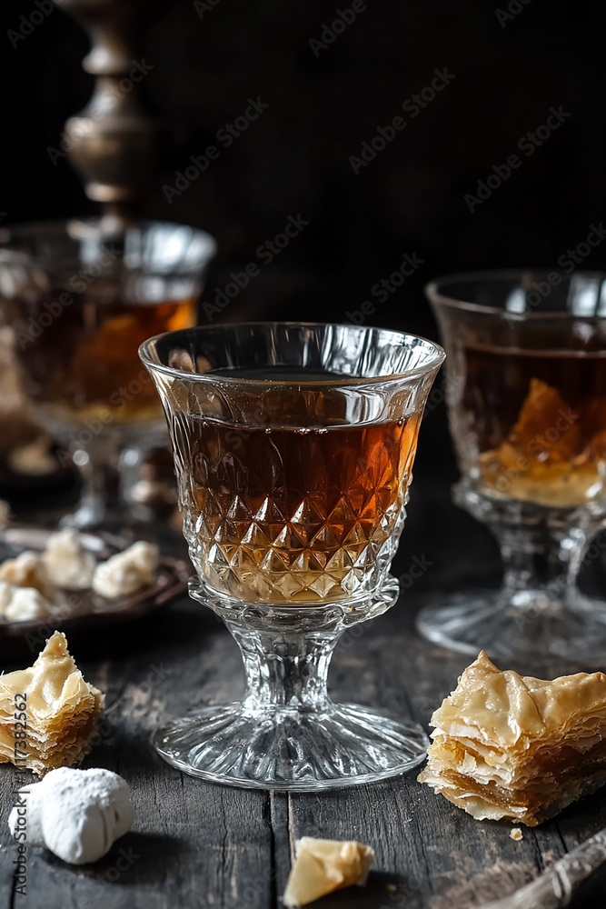 Black tea in glass cups with Turkish-style sweets and baklava on the table, on a black wood background. Black tea in glass cups with Turkish-style sweets and baklava on the table, on a black wood background.