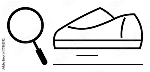 Magnifying glass focusing on a shoe, indicating thorough examination, quality control, or searching for details. Ideal for product development, quality assurance, fashion design, retail analysis