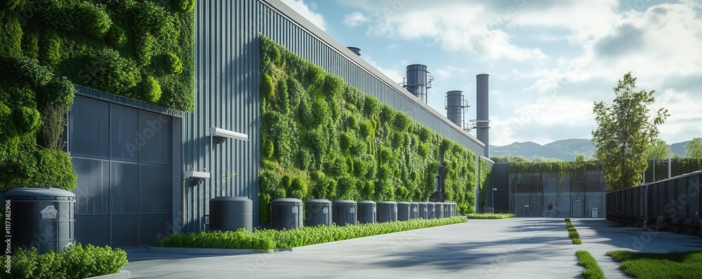 Advanced recycling plant with biophilic design, green walls integrated into industrial facade Advanced recycling plant with biophilic design, green walls integrated into industrial facade