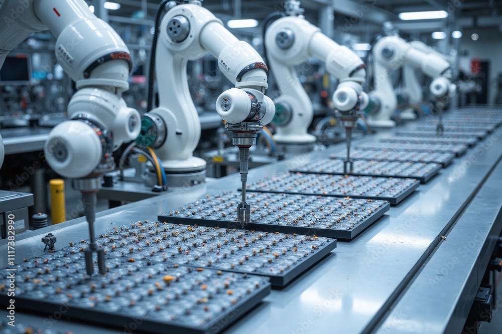 Modern manufacturing facility assembly line robotic arms workstations Modern manufacturing facility assembly line robotic arms workstations