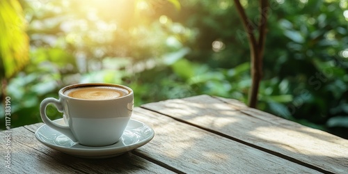 Fototapeta Naklejka Na Ścianę i Meble -  Espresso coffee served on a wooden table with a natural background, creating a warm tone in a garden setting, showcasing the beauty of espresso coffee in a serene environment.