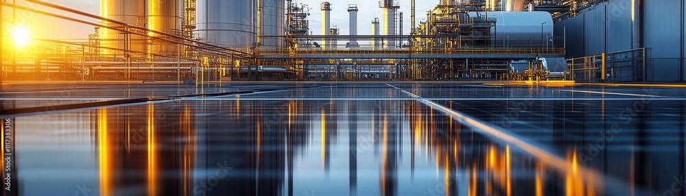 Fototapeta premium Industrial manufacturing site with reflective surfaces of solar-integrated polymers, realistic details