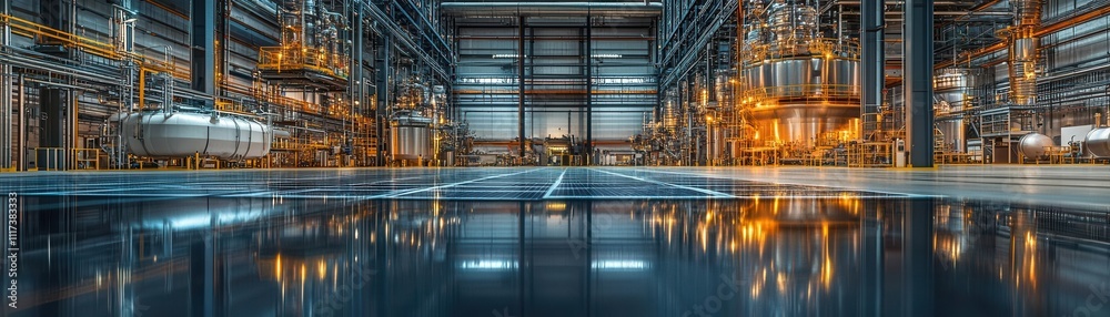 Industrial manufacturing site with reflective surfaces of solar-integrated polymers, realistic details Industrial manufacturing site with reflective surfaces of solar-integrated polymers, realistic details