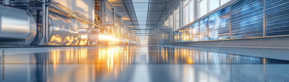 Industrial manufacturing site with reflective surfaces of solar-integrated polymers, realistic details Industrial manufacturing site with reflective surfaces of solar-integrated polymers, realistic details
