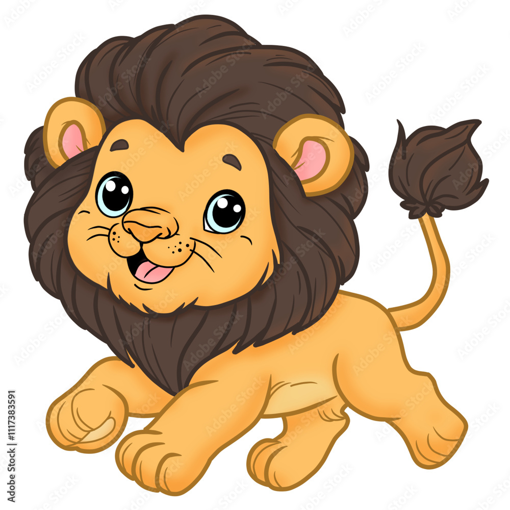 Obraz premium A playful cartoon lion running energetically with a cheerful expression, surrounded by vibrant colors. This adorable illustration is perfect for children’s books, educational materials.