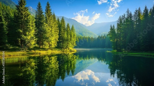 A serene forest landscape reflecting in a calm lake under blue skies.