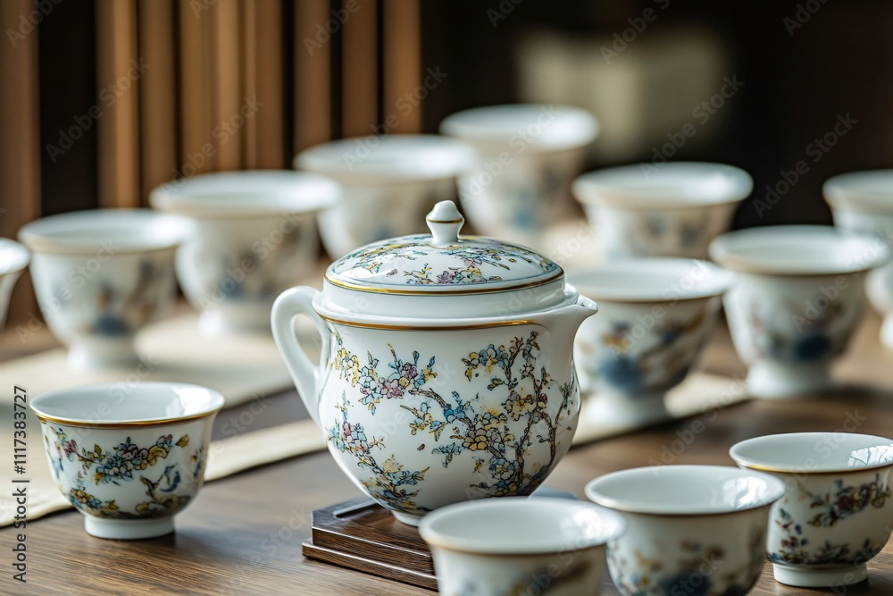 Porcelain tea set with a beautiful hand painted floral design, showcasing craftsmanship and elegance Porcelain tea set with a beautiful hand painted floral design, showcasing craftsmanship and elegance