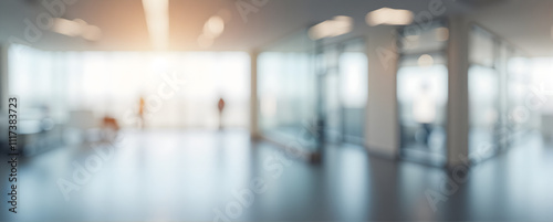 Blurred empty open space office. Abstract light bokeh at office interior background for design. 