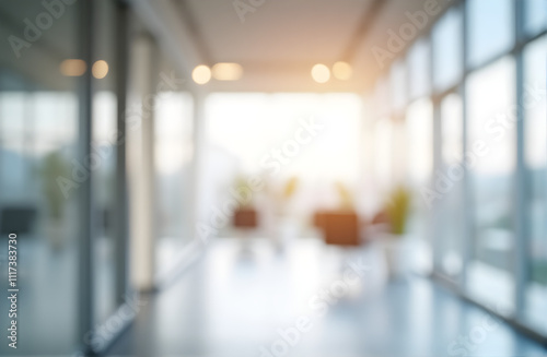 Blurred empty open space office. Abstract light bokeh at office interior background for design. 