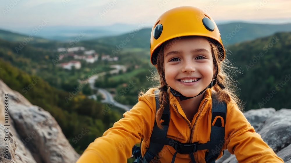 Joyful Young Climber Smiling on Rocky Terrain with Scenic Background and Vibrant Sunset, Showcasing Adventure and Outdoor Enthusiasm Joyful Young Climber Smiling on Rocky Terrain with Scenic Background and Vibrant Sunset, Showcasing Adventure and Outdoor Enthusiasm