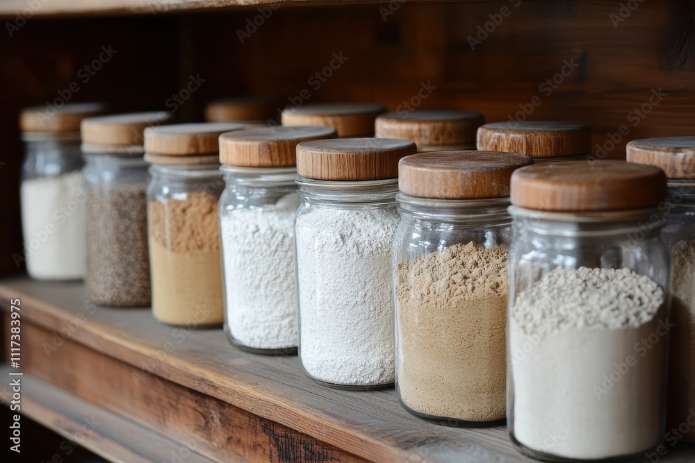 Glass jars filled with various grains and flours, organized on a wooden shelf. Perfect for depicting themes of baking, cooking, or healthy eating. Glass jars filled with various grains and flours, organized on a wooden shelf. Perfect for depicting themes of baking, cooking, or healthy eating.
