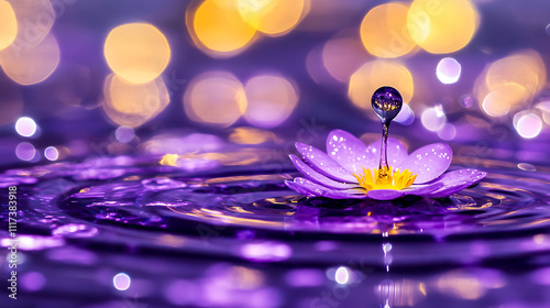 A stunning close-up of a water droplet landing on a vibrant purple flower, creating ripples in sparkling water with bokeh lights in the background.