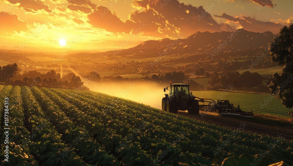 Fototapeta premium Farming tractor spraying plants in a field