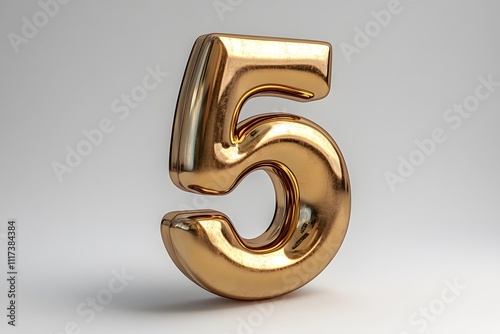  Golden 3D Number 5 Isolated on White Background for Graphic Design and Celebrations 