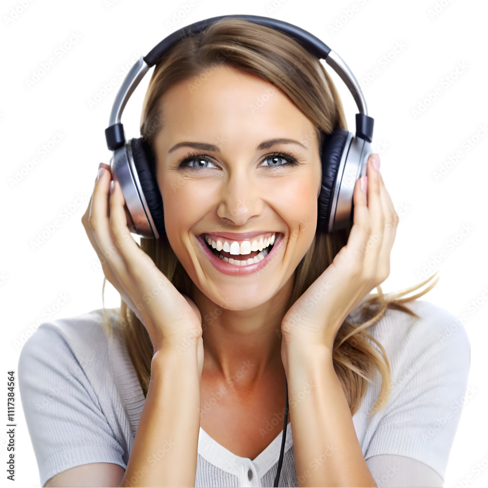 happy woman wearing headphones enjoying music on white happy woman wearing headphones enjoying music on white
