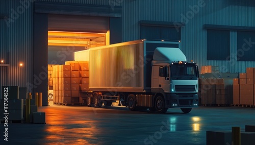 Truck unloading boxes at warehouse loading dock, industrial logistics concept