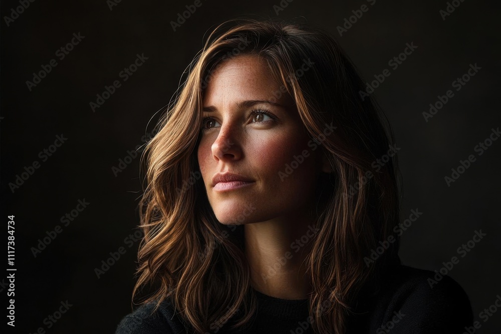 A contemplative portrait of a woman with wavy hair against a dark background. A contemplative portrait of a woman with wavy hair against a dark background.