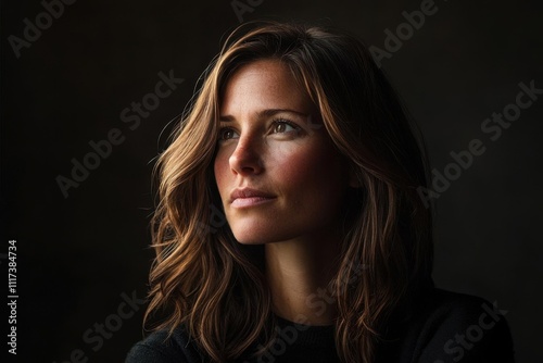 A contemplative portrait of a woman with wavy hair against a dark background.