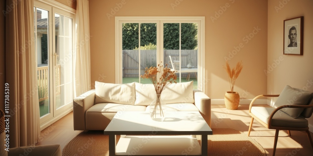 Fototapeta premium A modern living room bathed in soft sunlight, showcasing a white couch, a coffee table, and a cozy armchair, all placed against a warm beige wall with a framed portrait adding a touch of personality.
