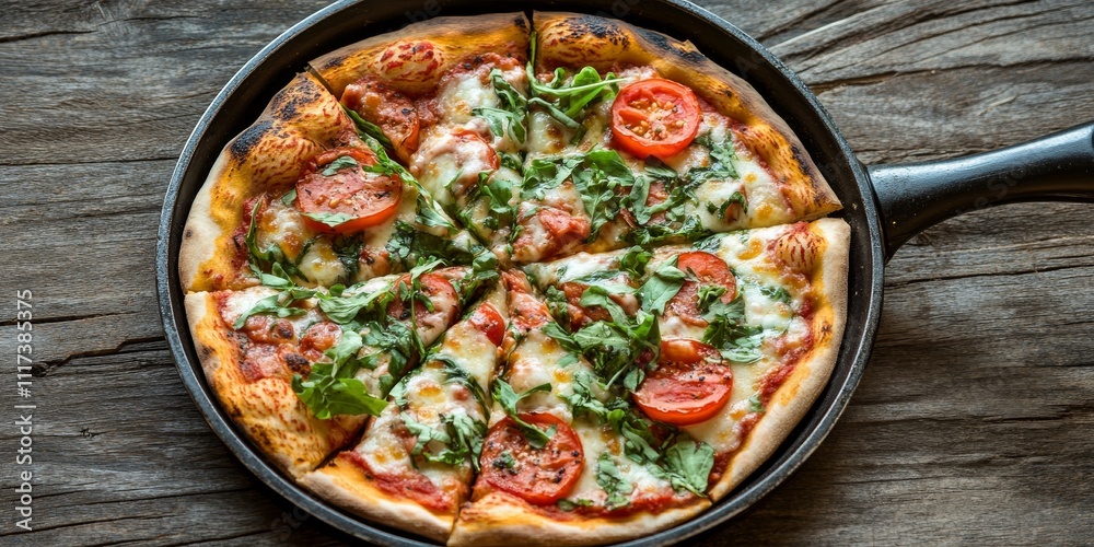 Delicious pizza served in a pan on a rustic wooden background, showcasing the rich textures and enticing flavors of delicious pizza. A perfect dish for any pizza lover to savor and enjoy.