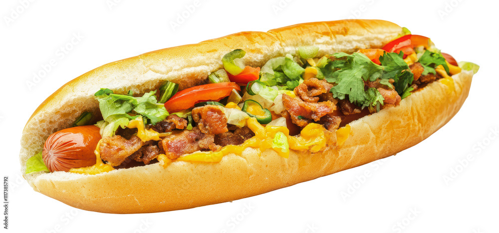 Delicious hot dog loaded with toppings in a bun, cut out - stock png. Delicious hot dog loaded with toppings in a bun, cut out - stock png.