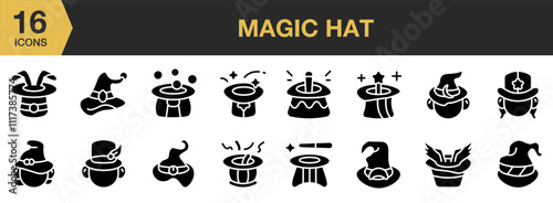 Magic Hat solid icon set. Includes Birthday, Hat, Magic, Rabbit, Sixteen, Wand, Wizard, and More. Solid icons vector collection.