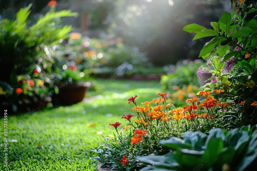 Vibrant orange and red flowers bloom in a lush green garden. Perfect for illustrating spring, summer, or gardening themes. Vibrant orange and red flowers bloom in a lush green garden. Perfect for illustrating spring, summer, or gardening themes.
