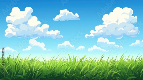 Lush Green Grass Under a Bright Blue Sky With Fluffy Clouds
