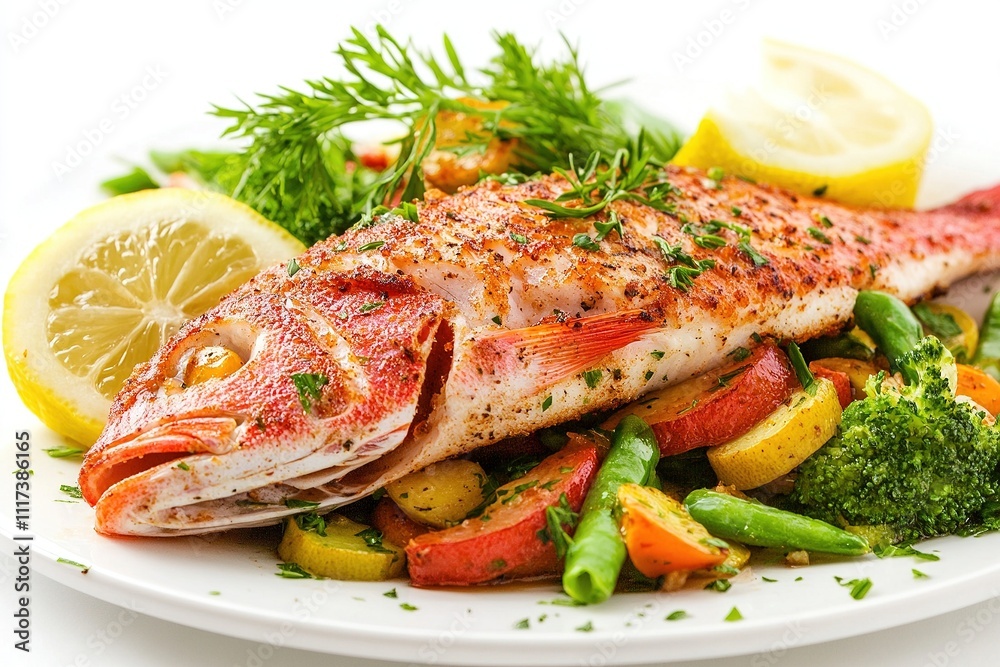 Red snapper served with sautéed vegetables. Red snapper served with sautéed vegetables.