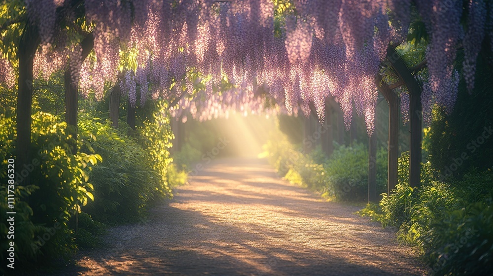 Obraz premium Sunlit path under a wisteria arbor in a misty garden.