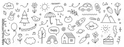 Cute kid background line tree, cloud, flower icon. Hand drawn doodle sketch kid art element set. Flower, heart, cloud children draw style design element background. Vector illustration