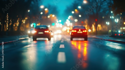 Rainy night city street scene, blurred cars and lights.