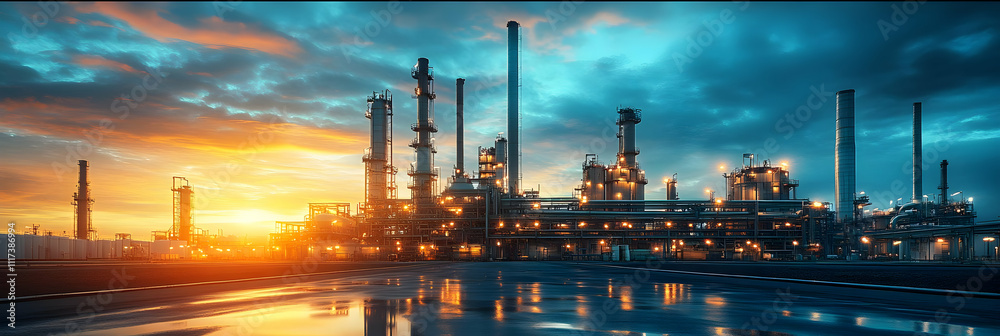 Obraz premium Majestic Industrial Sunset Refinery Illustration