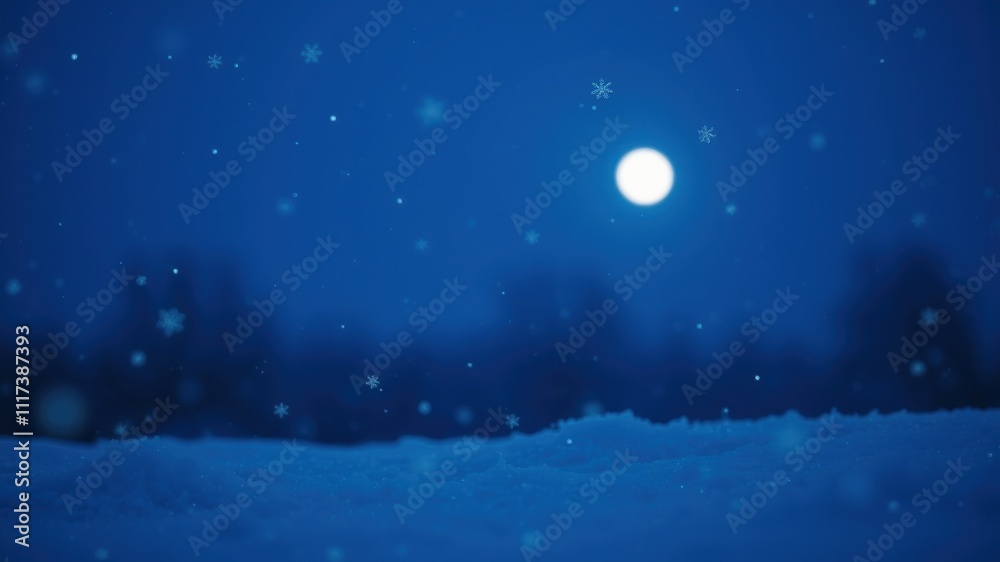 Naklejka premium A Soft Moonlight Illuminates a Wintery Landscape as Delicate Snowflakes Fall Gracefully Through the Air