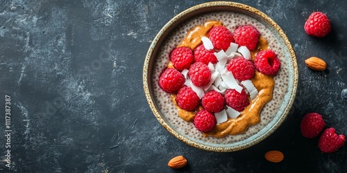 Chia pudding topped with raspberries, peanut butter, and coconut in a bowl, viewed from above, showcasing a delightful vegan food concept with ample copy space for creativity.