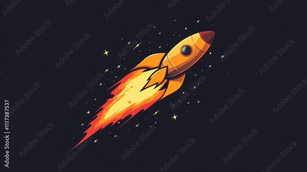 Fototapeta premium A colorful rocket soaring through space, leaving a trail of flames and stars.