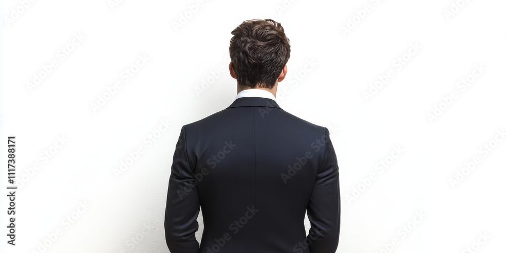 Pensive businessman with back turned to the camera against a white background, showcasing a thoughtful demeanor perfect for business concepts and professional themes. Pensive businessman with back turned to the camera against a white background, showcasing a thoughtful demeanor perfect for business concepts and professional themes.