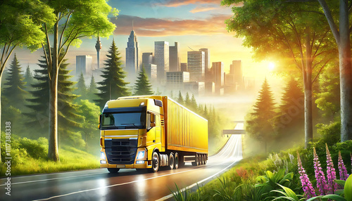 yellow Loaded semi truck on motorway transportation industry concept truck Business background